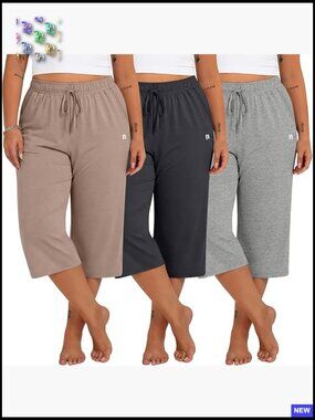 Plus Size Wide Leg Capri Sweatpants with Pockets High Waisted Cotton Spandex 3